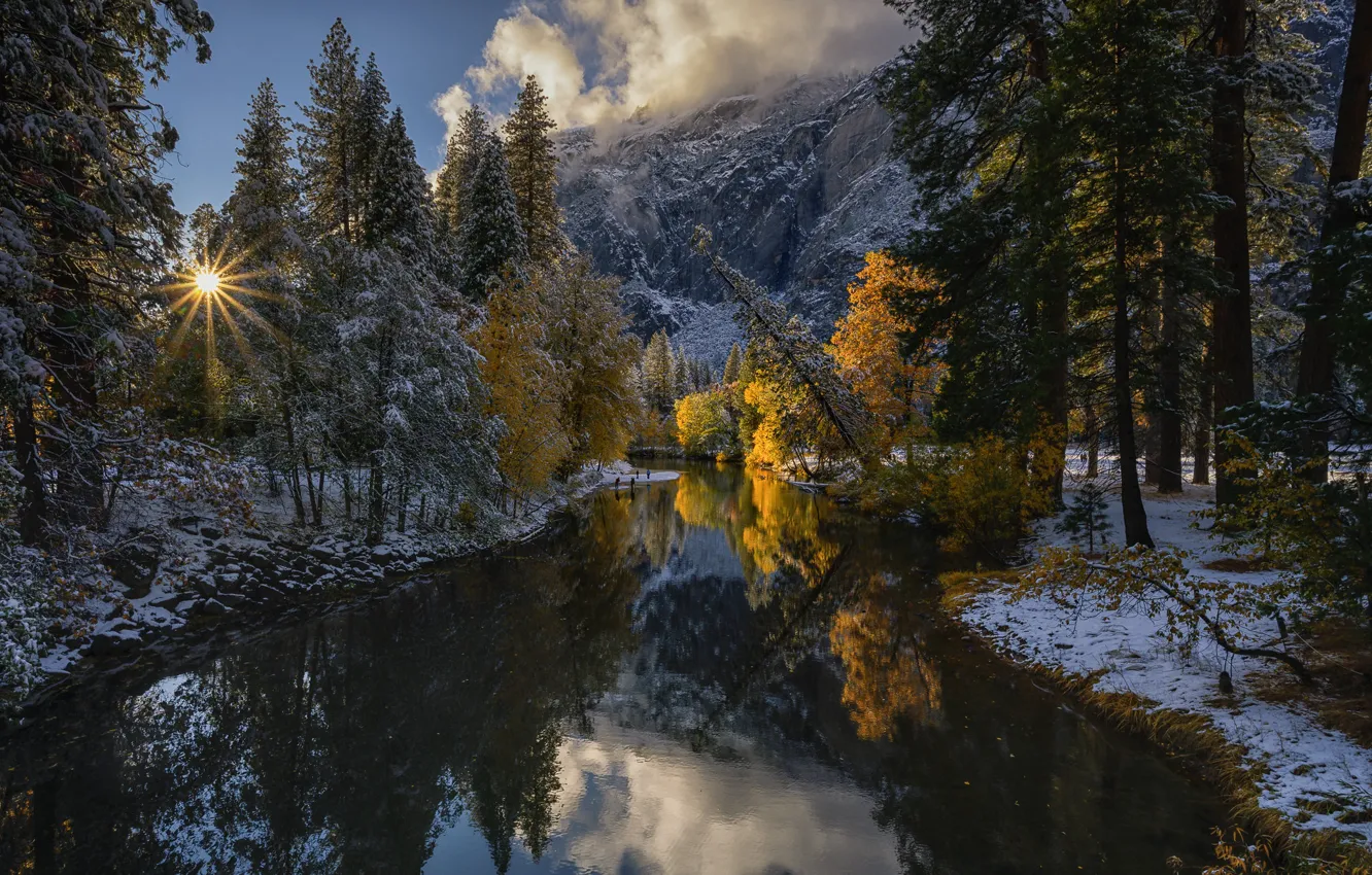 Photo wallpaper autumn, forest, snow, trees, mountains, reflection, river, CA