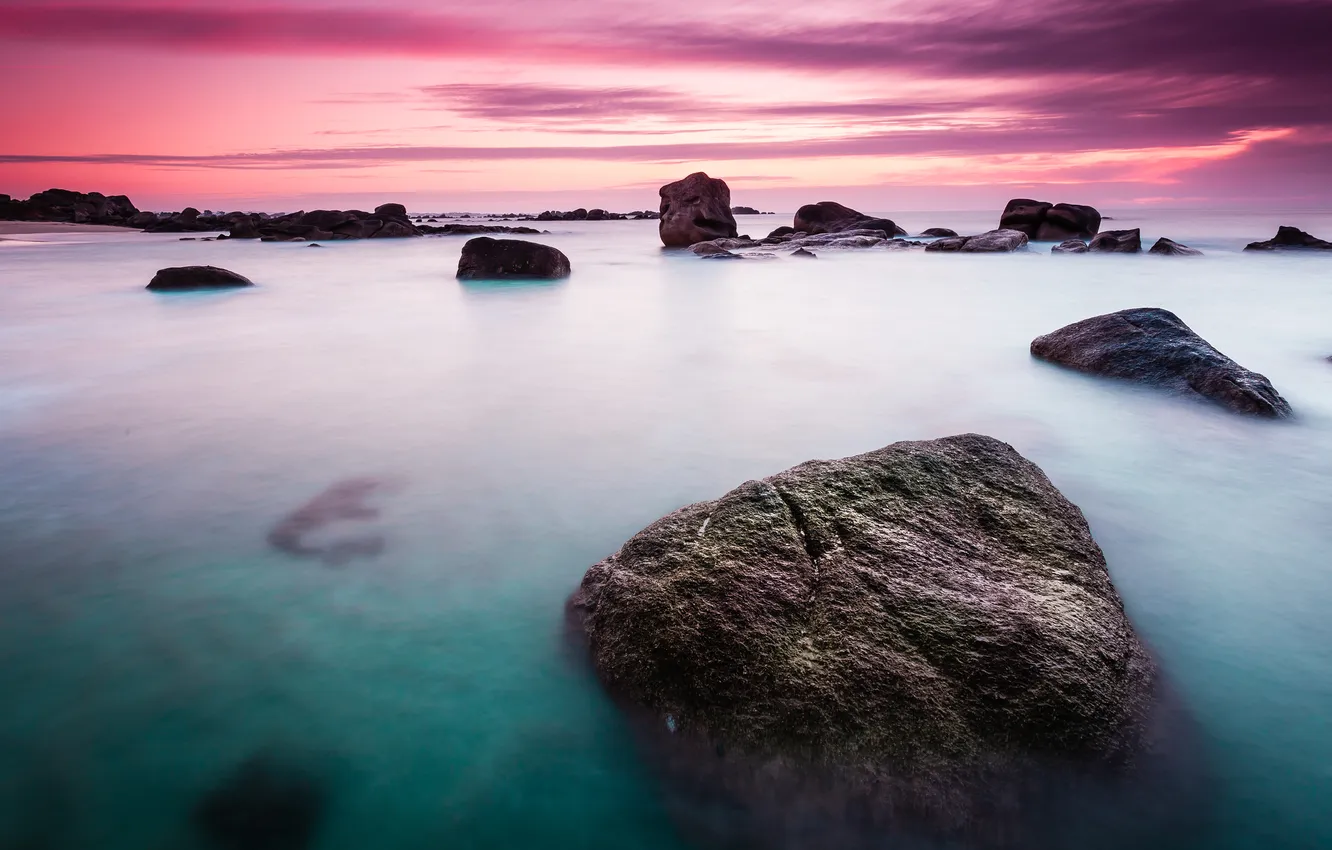 Photo wallpaper sea, clouds, stones, rocks, shore, dal, the evening, haze