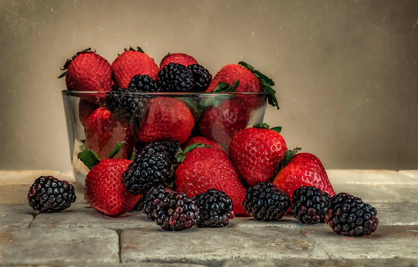 Photo wallpaper glass, berries, table, brick, strawberry, bowl, still life, BlackBerry