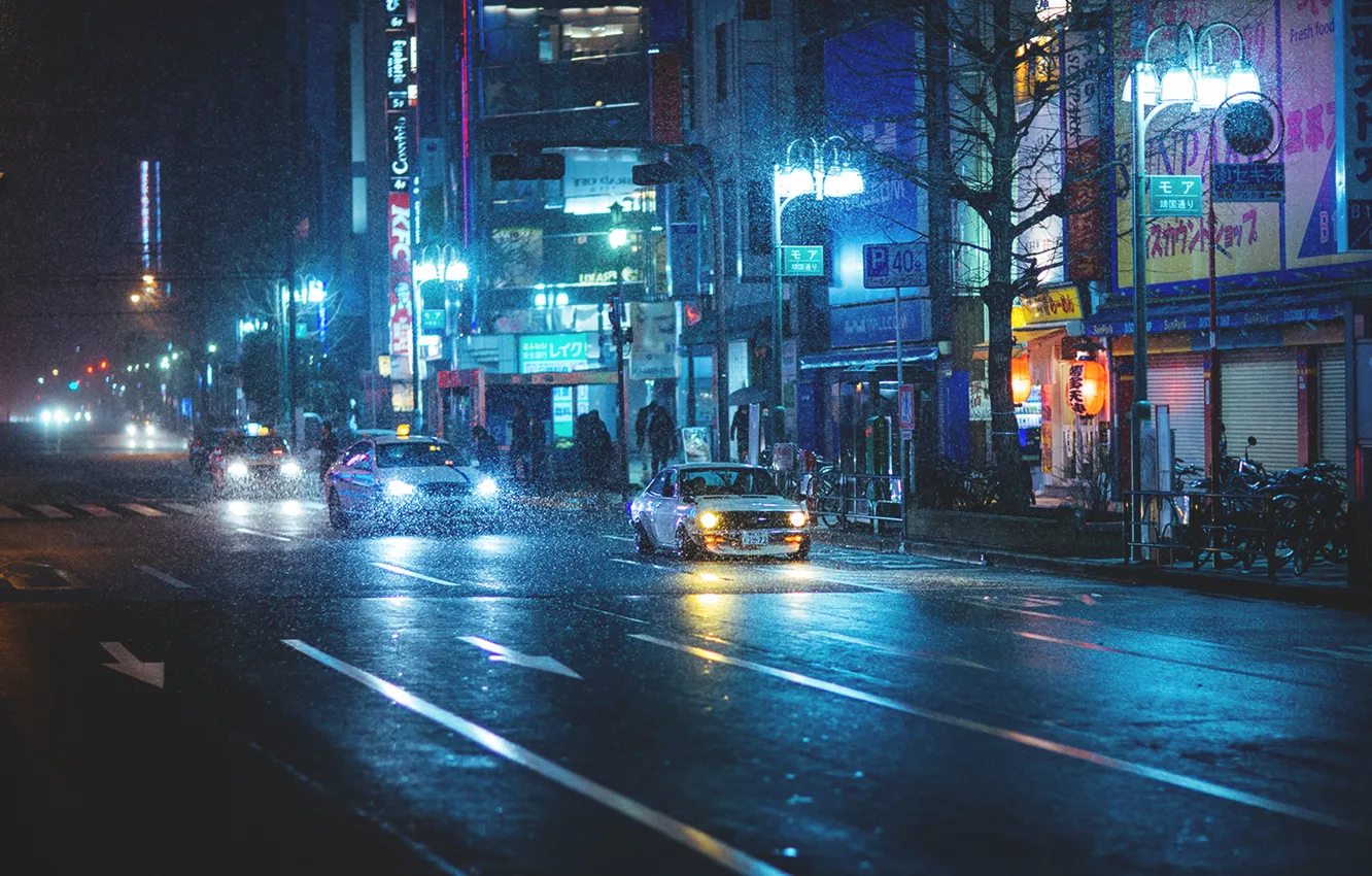 Photo wallpaper rain, street, Japan, rain, japan, datsun, Datsun