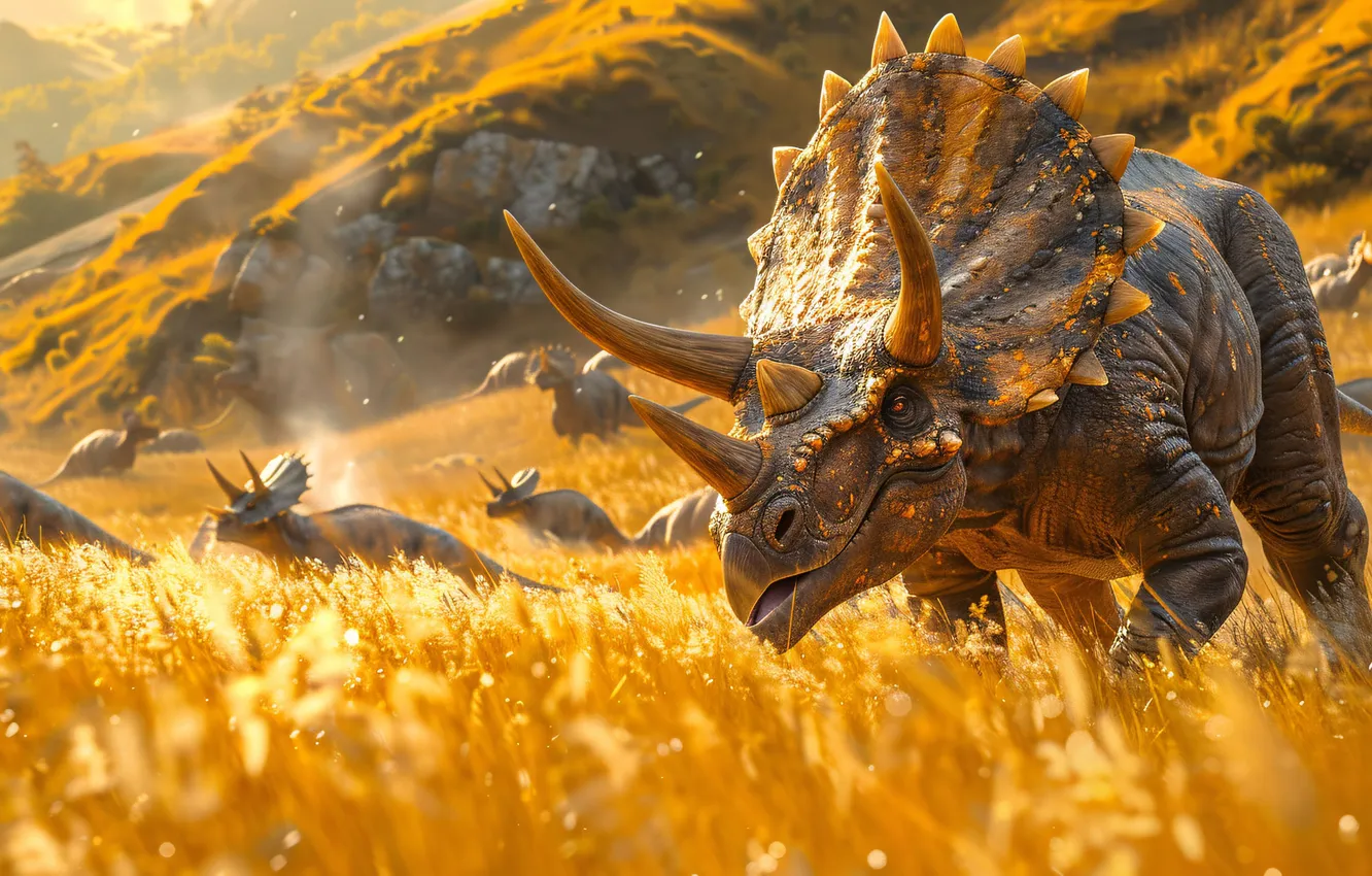 Photo wallpaper grass, mountains, animal, dinosaur, horns, Triceratops, digital art, Triceratops