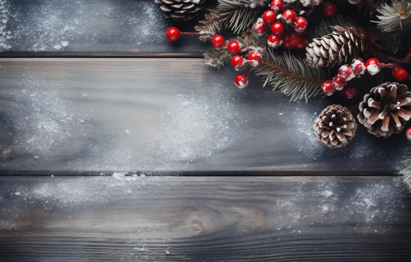 Photo wallpaper winter, frost, snow, trees, branches, red, berries, Board