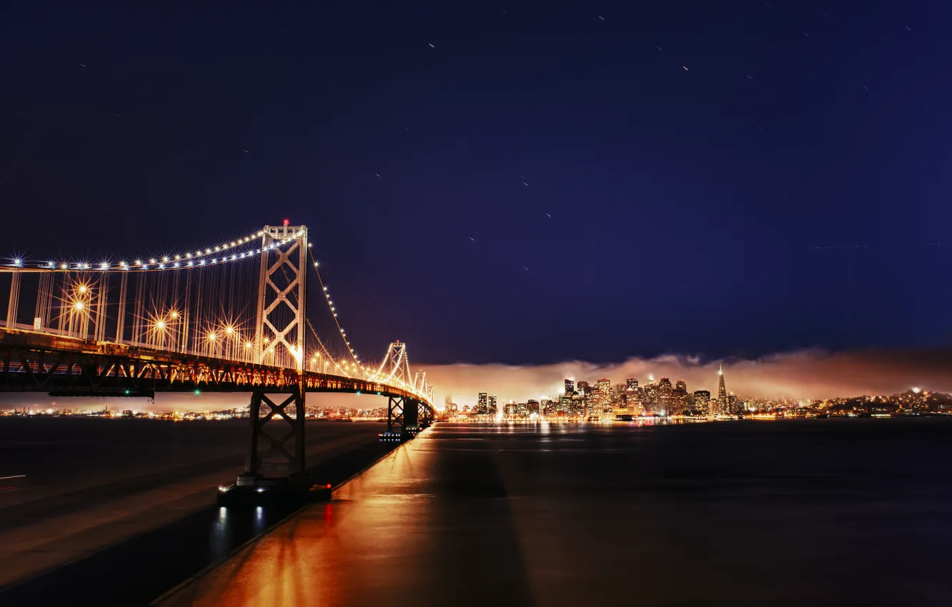 Photo wallpaper bridge, the city, lights, Strait, river, California, San Francisco, USА