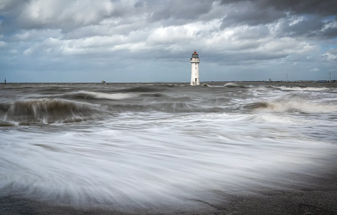 Photo wallpaper sea, Perch Rock, Storm Ellen, Lightouse, Little Stopper