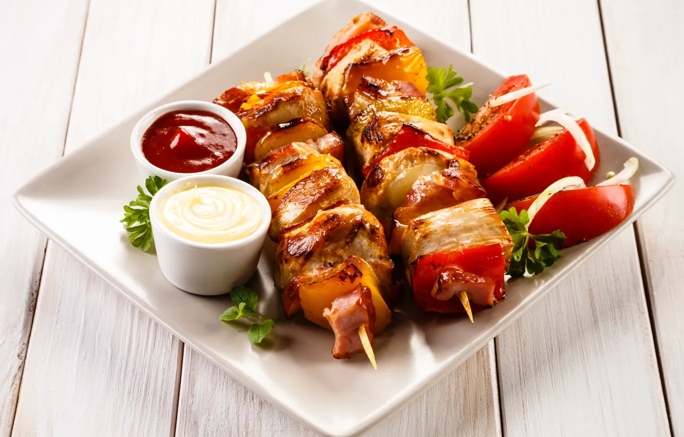 Photo wallpaper plate, kebab, sauces