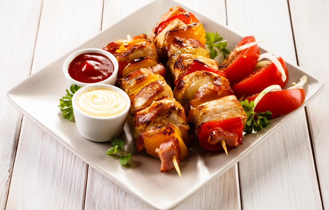 Photo wallpaper plate, sauce, kebab