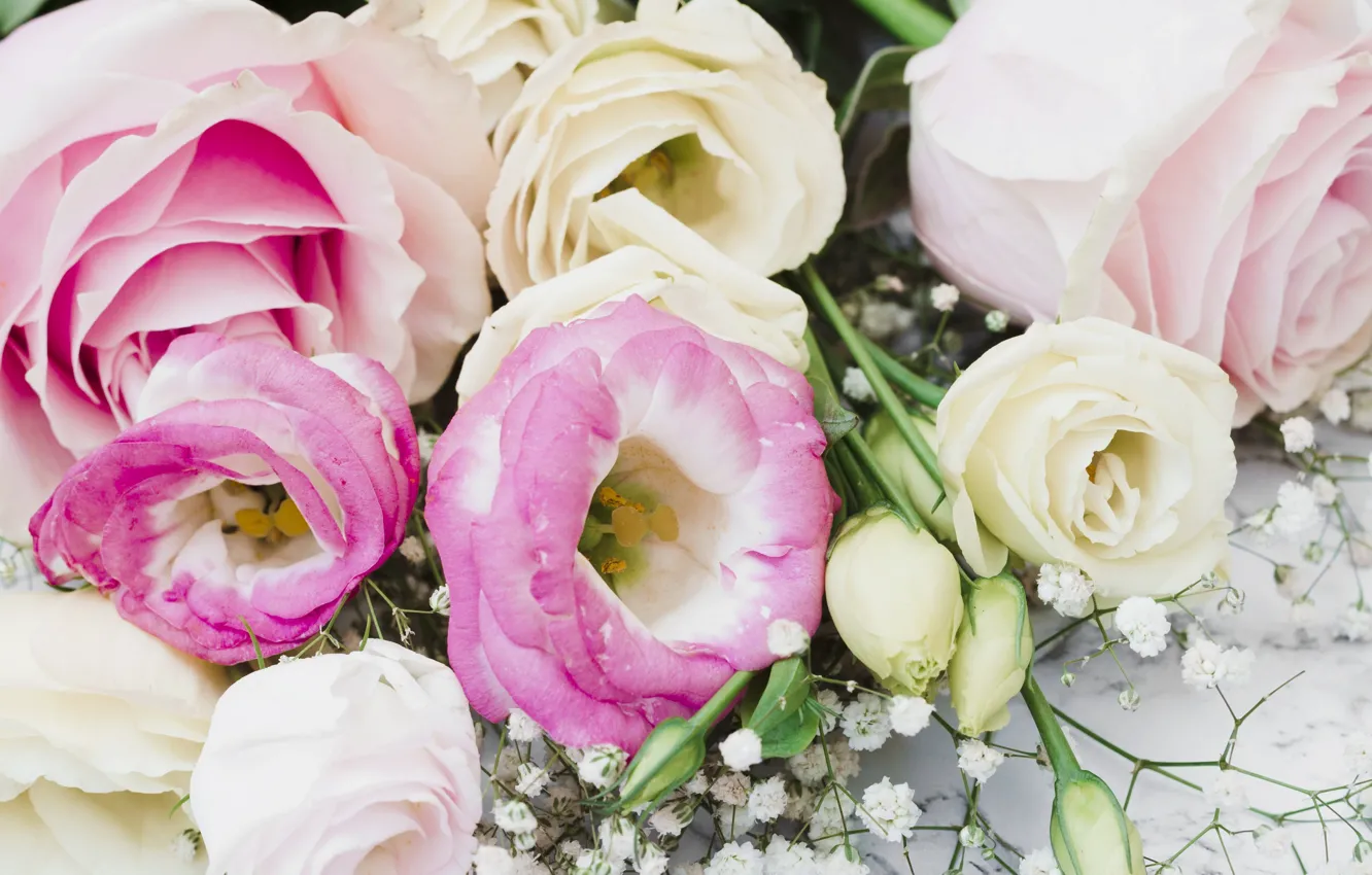 Photo wallpaper flowers, roses, bouquet, pink, flowers, roses, eustoma, eustoma