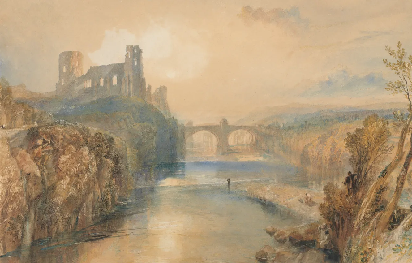 Photo wallpaper landscape, bridge, river, picture, William Turner, Castle Barnard