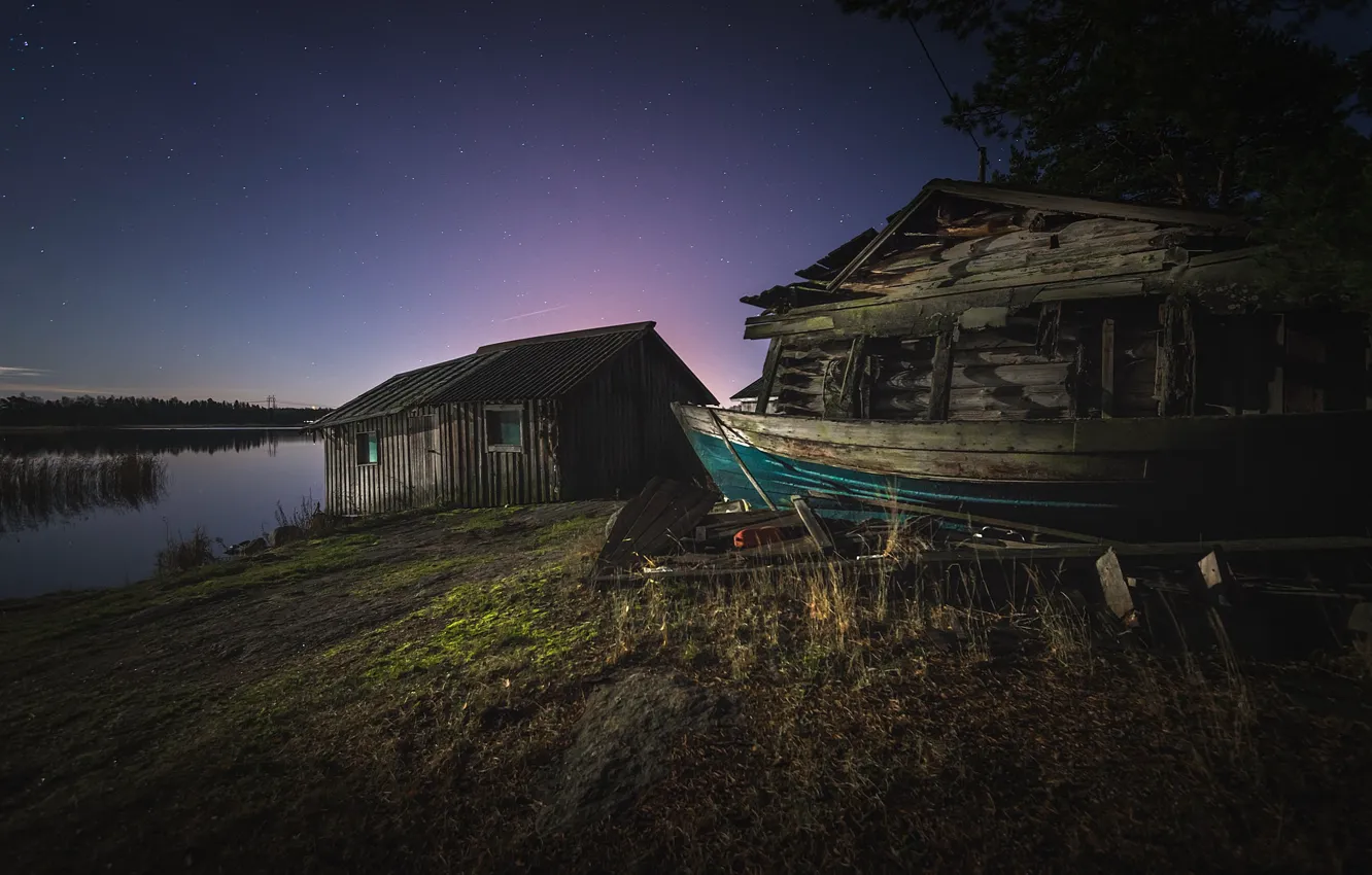 Photo wallpaper the sky, stars, lake, boat, the evening, sheds