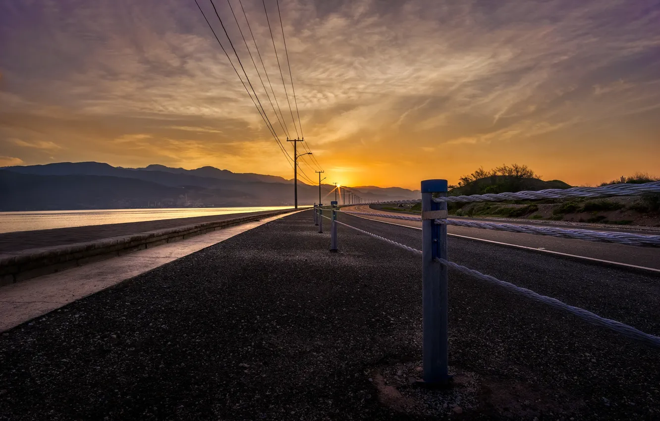 Photo wallpaper road, sunset, the fence