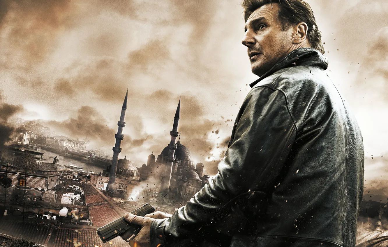 Photo wallpaper the city, gun, roof, Liam Neeson, Liam Neeson, Taken 2, Hostage 2