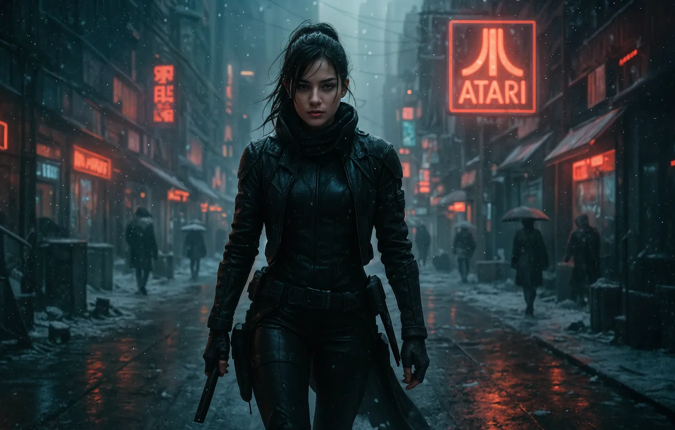 Photo wallpaper city, snow, street, orange, cyberpunk, women, assassins, illustration