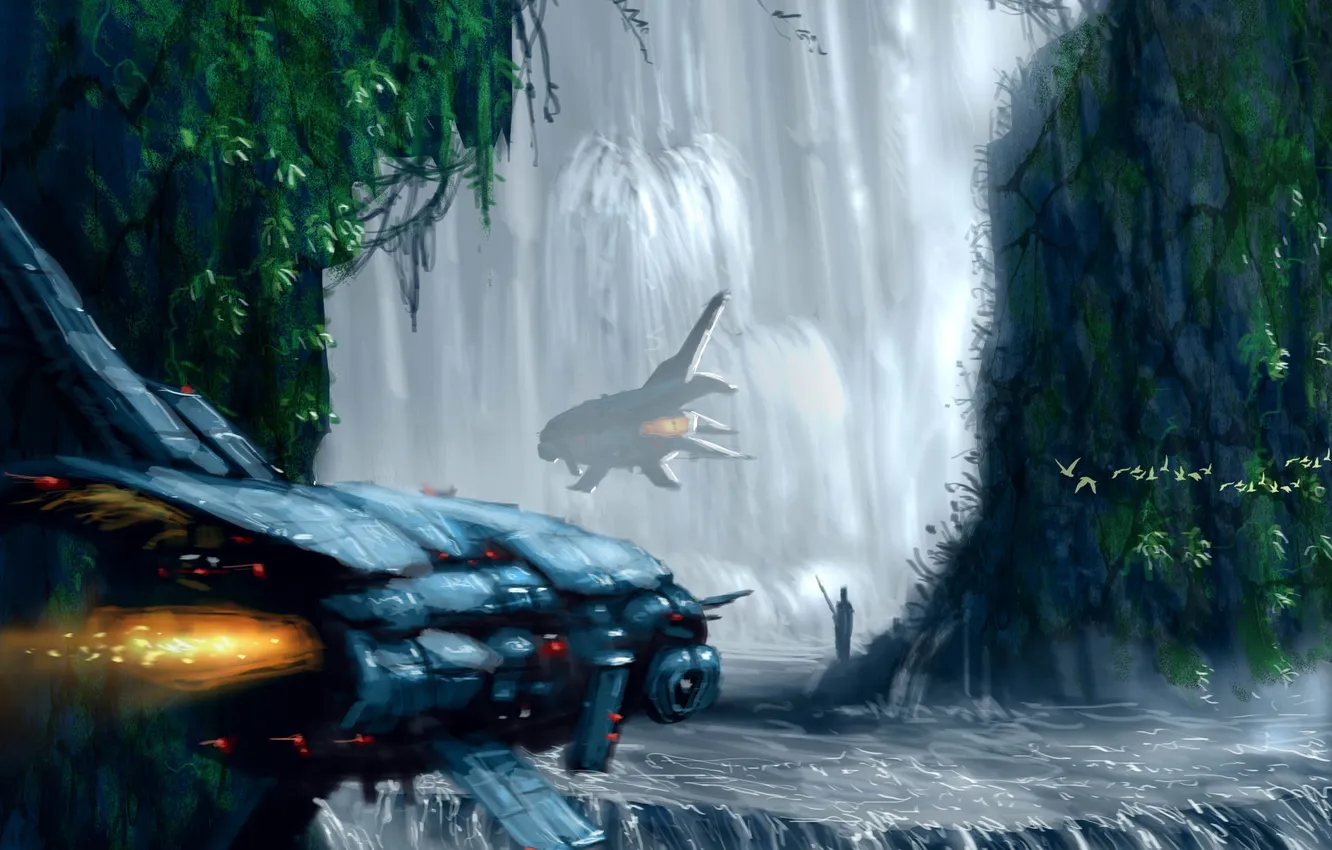 Photo wallpaper water, flight, rocks, ship, waterfall, art, Steven Correa