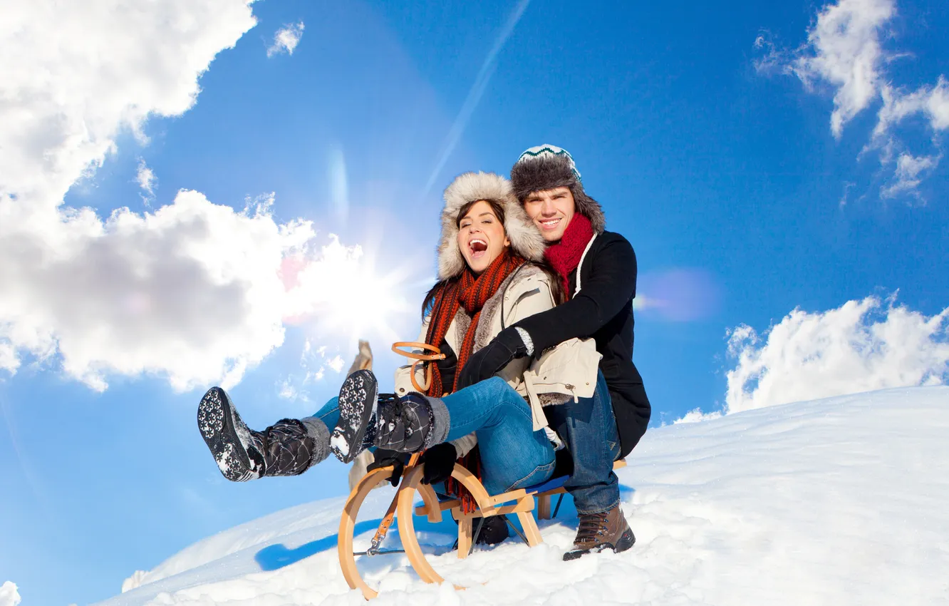 Photo wallpaper winter, girl, snow, slope, guy, sled