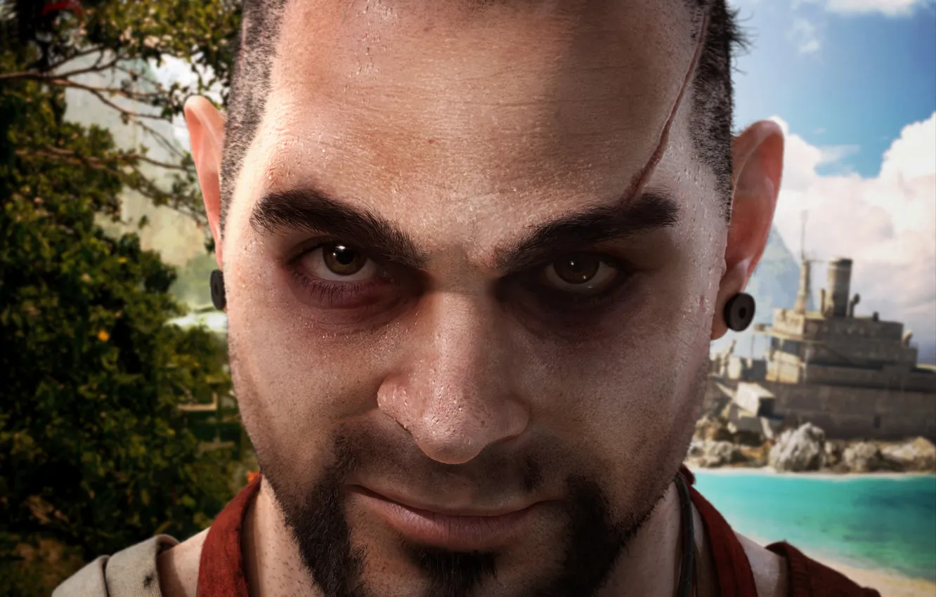 Photo wallpaper sea, the sky, look, trees, clouds, ship, pirate, scar