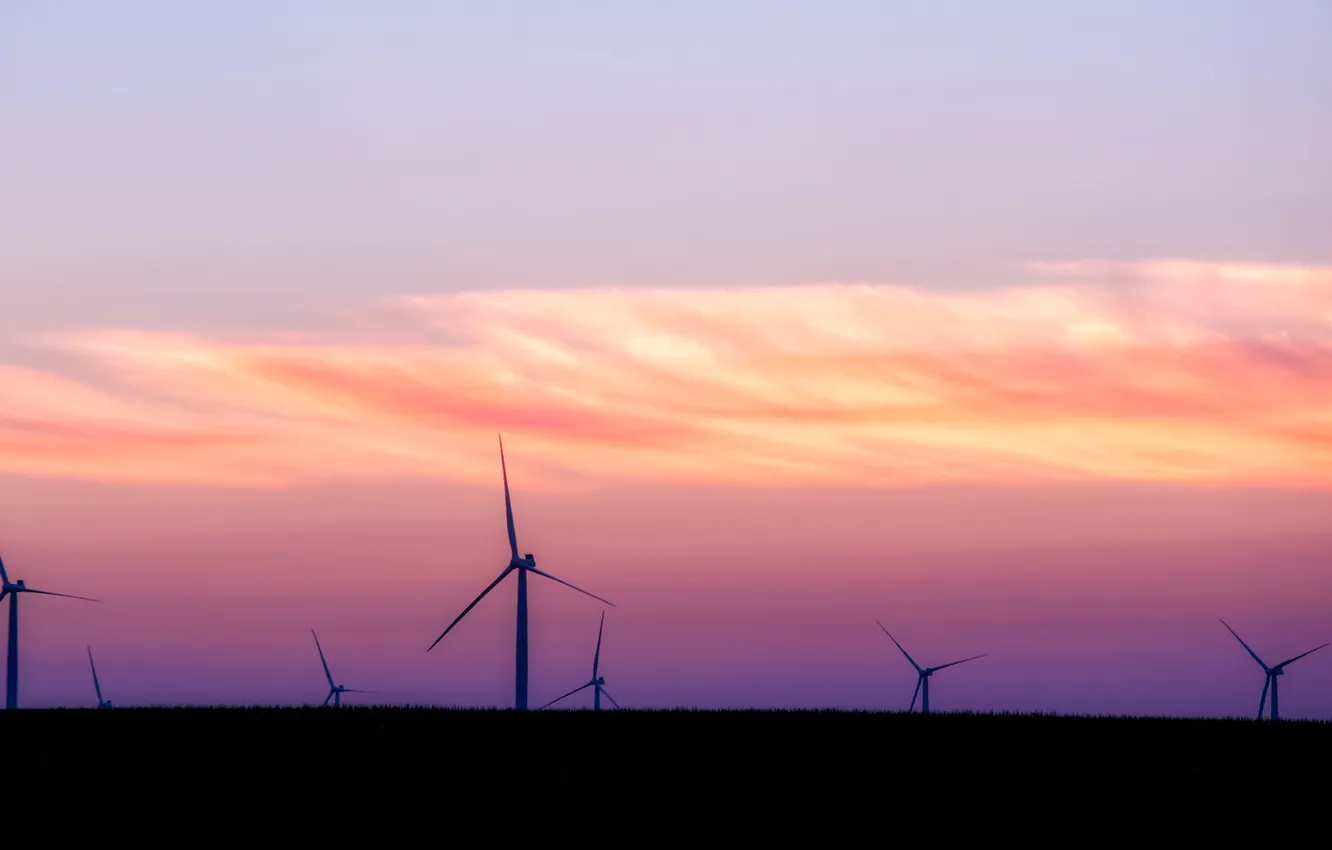 Photo wallpaper the sky, clouds, sunset, horizon, mill, Electromechanical