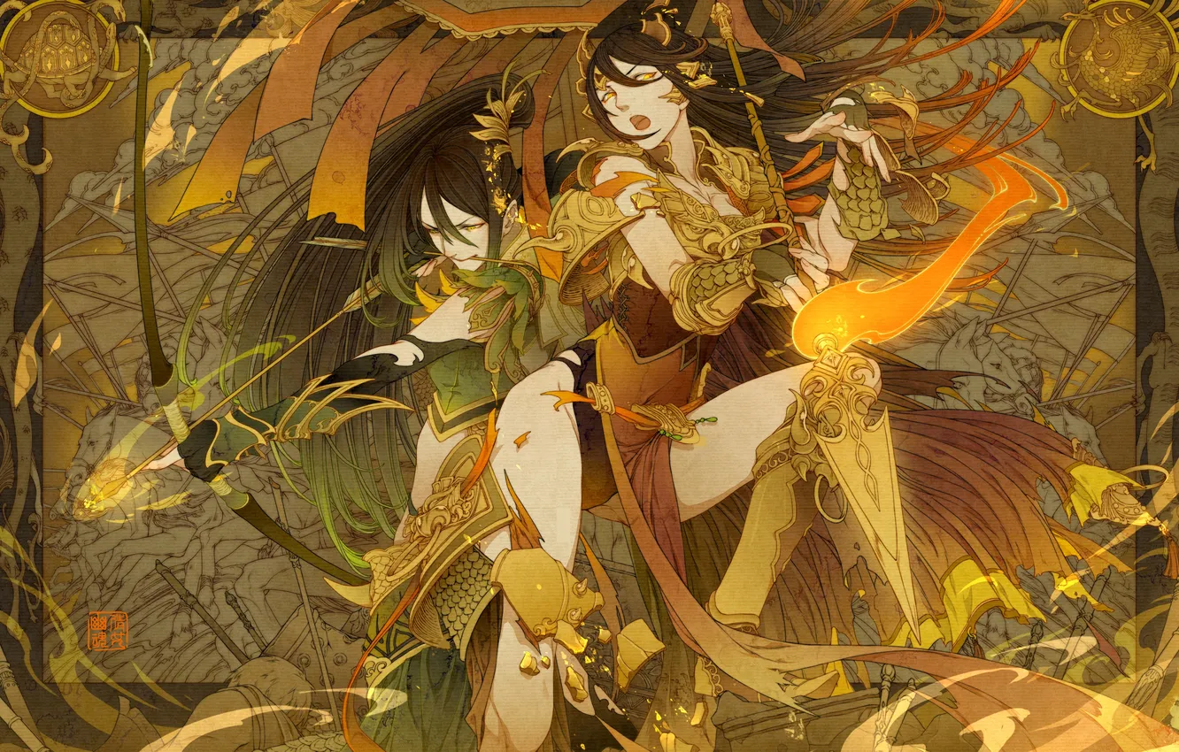 Photo wallpaper girl, lights, spear, guy, arrows