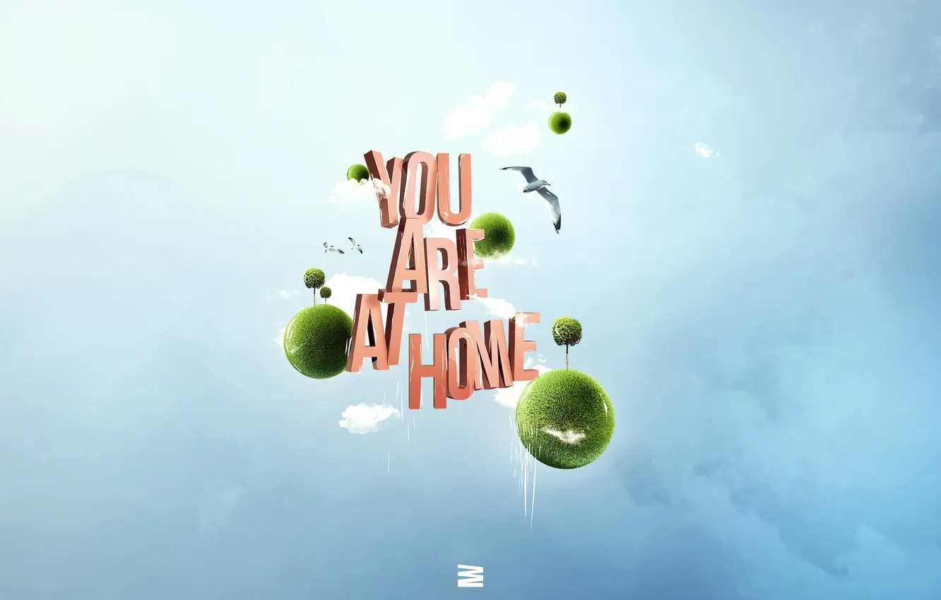 Photo wallpaper clouds, trees, the inscription, seagulls, you are at home