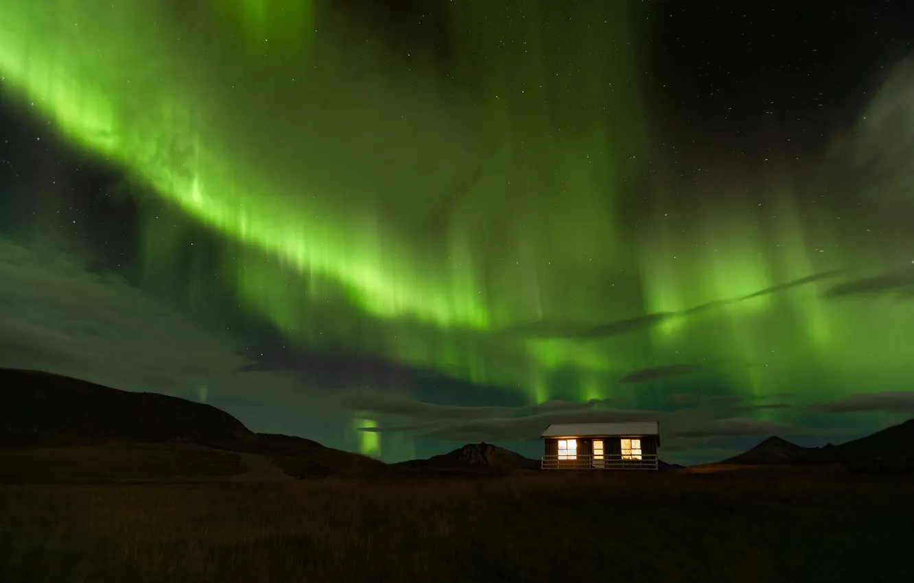 Photo wallpaper the sky, light, night, lights, hills, shore, Northern lights, house