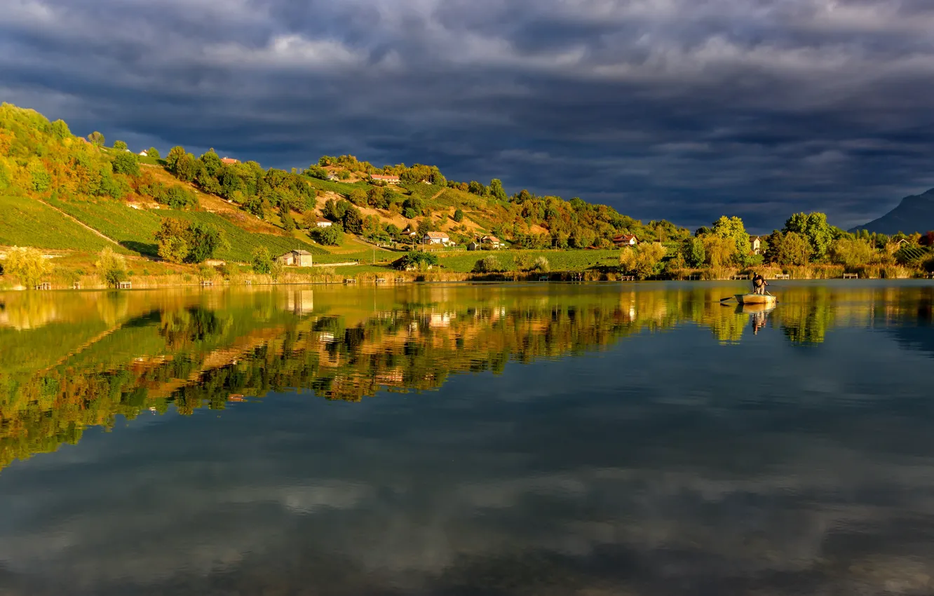 Photo wallpaper light, reflection, hills, shore, boat, fisherman, village, house