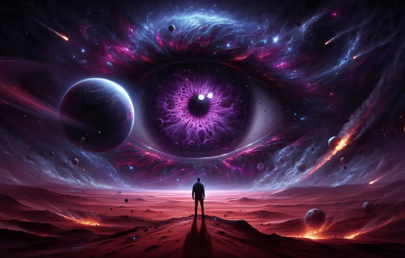 Photo wallpaper purple, eyes, space, landscape, guy