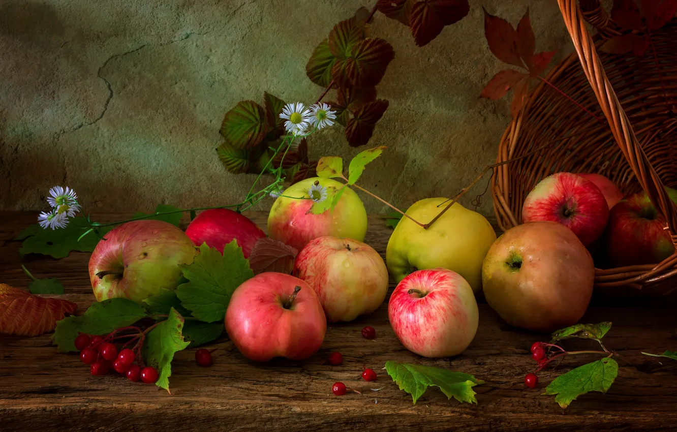 Photo wallpaper leaves, apples, still life, basket