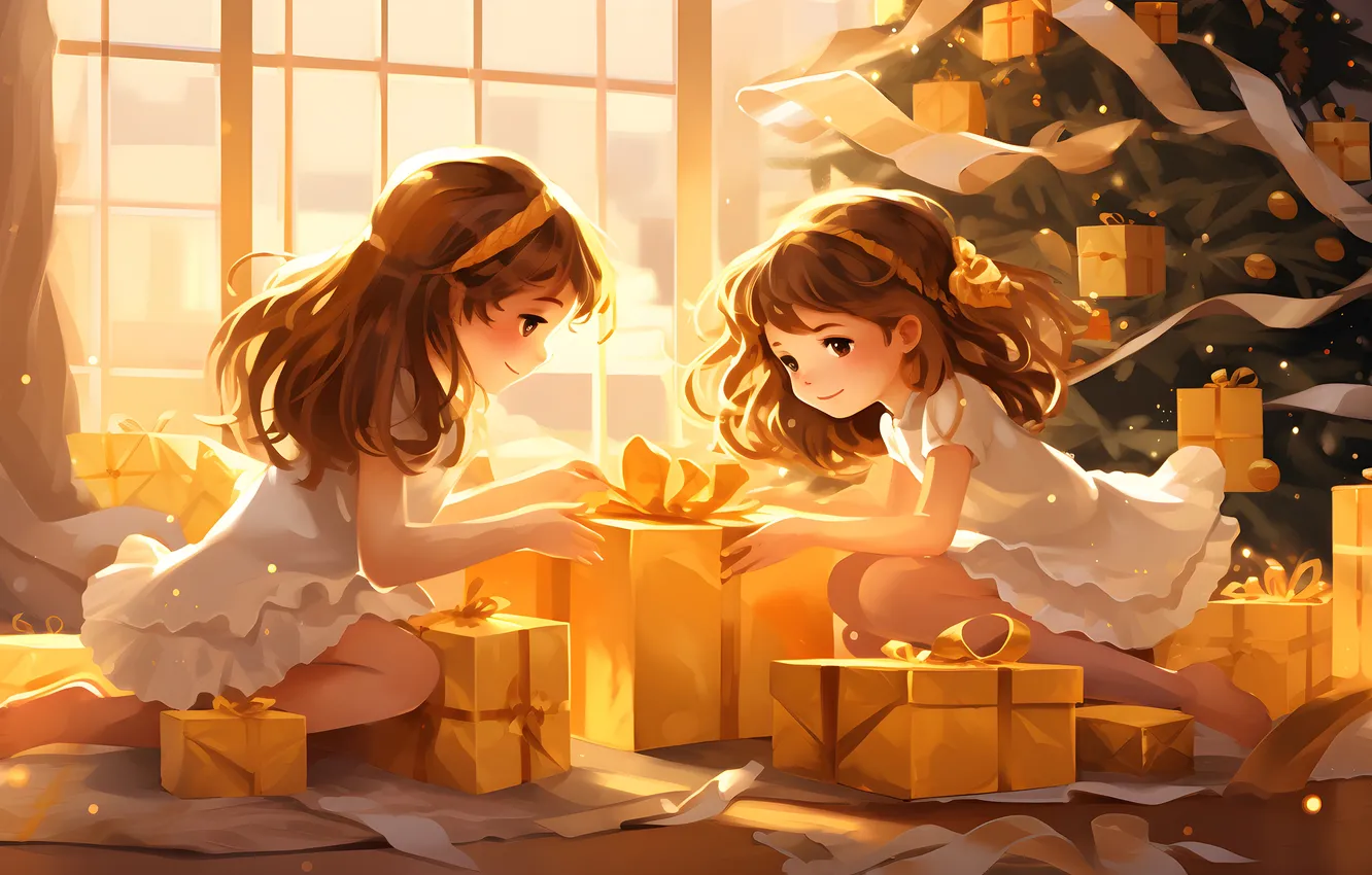Photo wallpaper light, joy, children, room, girls, window, Christmas, gifts