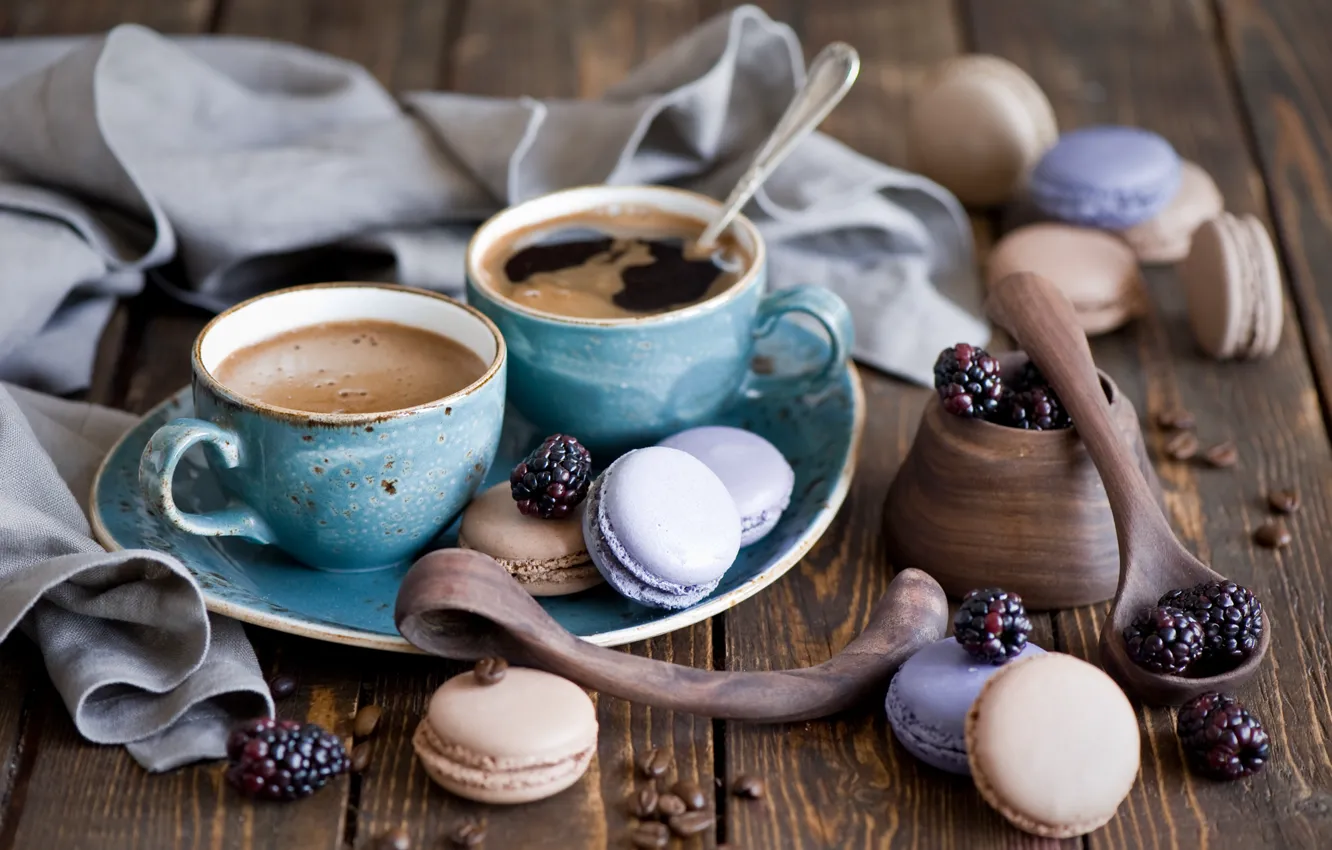 Photo wallpaper berries, coffee, cookies, spoon, Cup, dessert, BlackBerry, macaroon