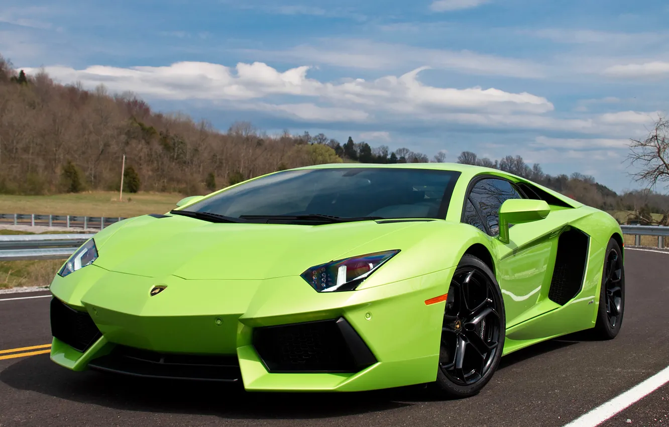 Photo wallpaper road, the sky, beauty, green, LP700-4, Lamborghini Aventador