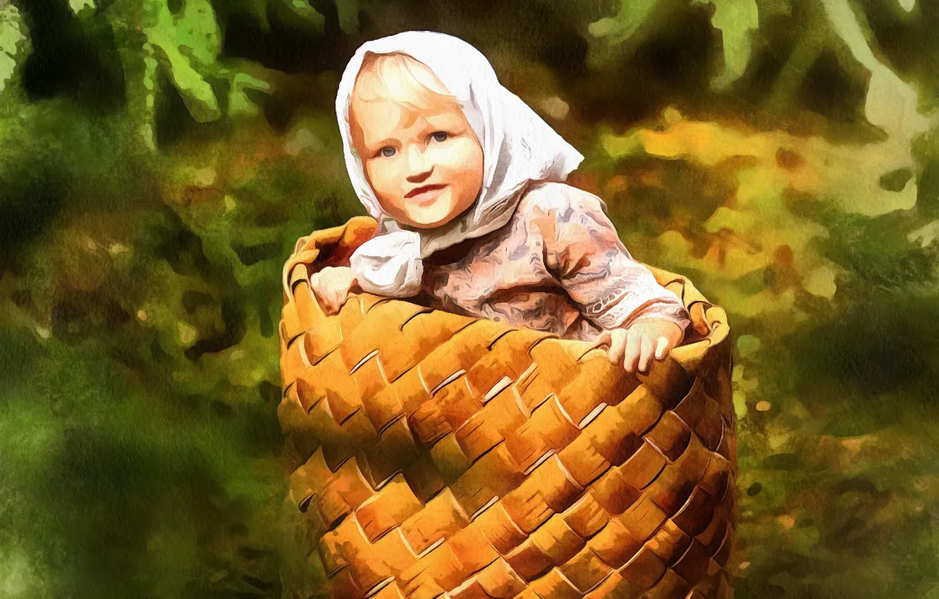 Photo wallpaper tale, little girl, in the woods, box, handkerchief, birchbark