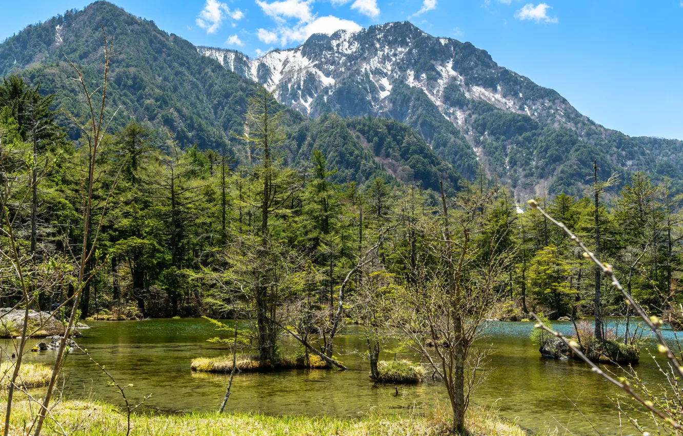 Photo wallpaper Nature, Mountains, Japan, Forest, Pond, Landscape, Nagano, Kamikochi