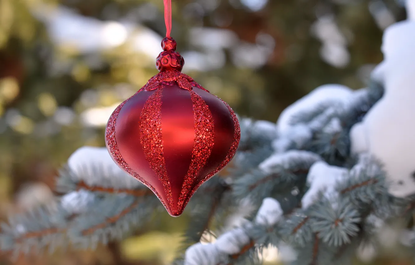 Photo wallpaper snow, decoration, toy, tree, new year, Christmas