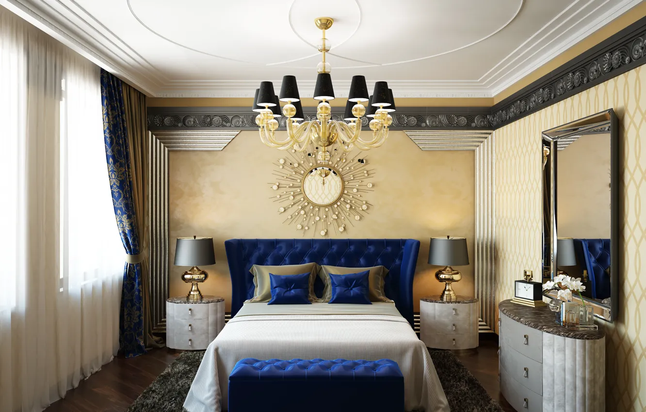 Photo wallpaper furniture, bed, mirror, window, chandelier, curtains, bedroom
