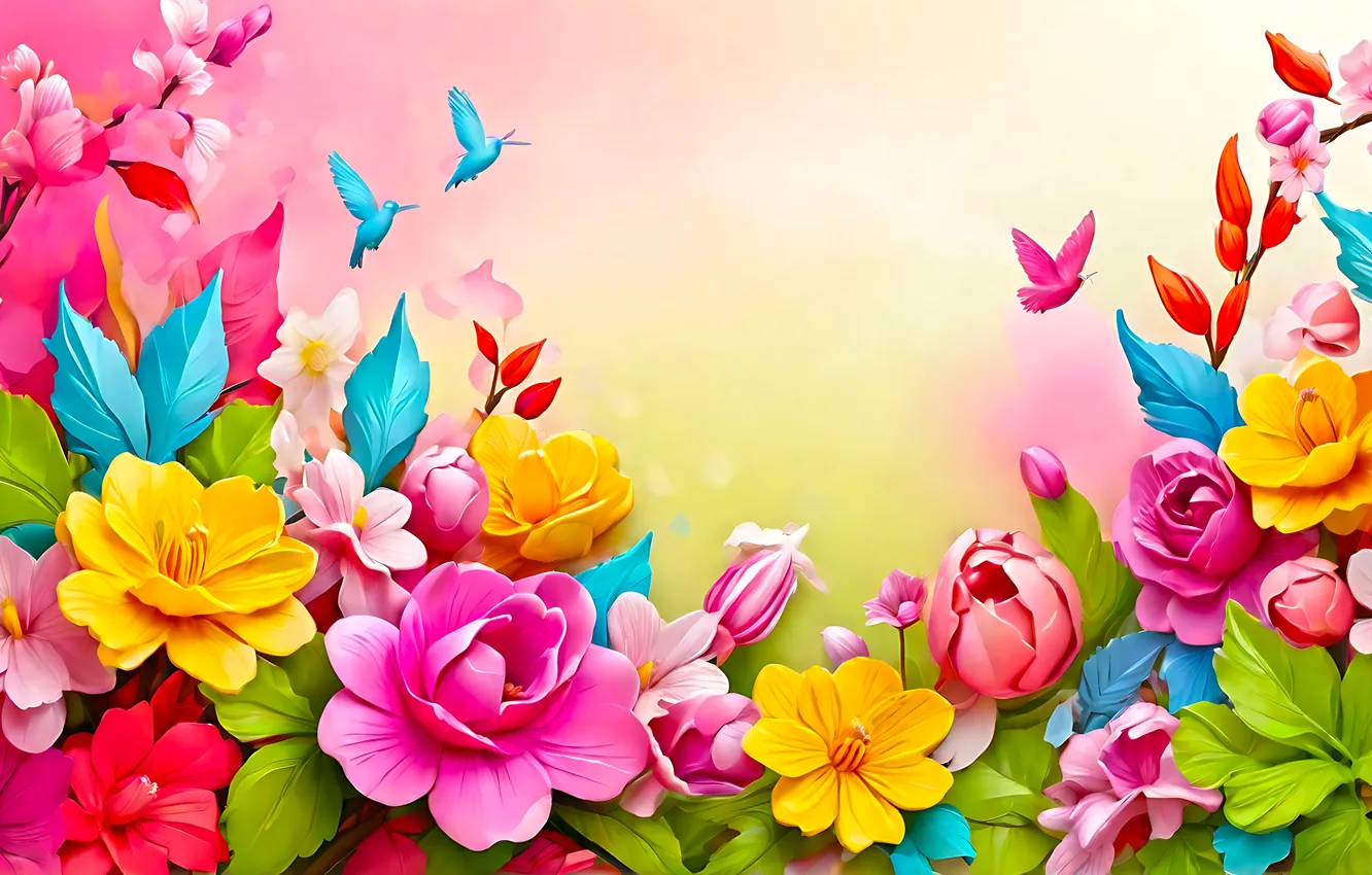 Photo wallpaper flowers, bright, colorful, flowers, background, spring, bright, composition