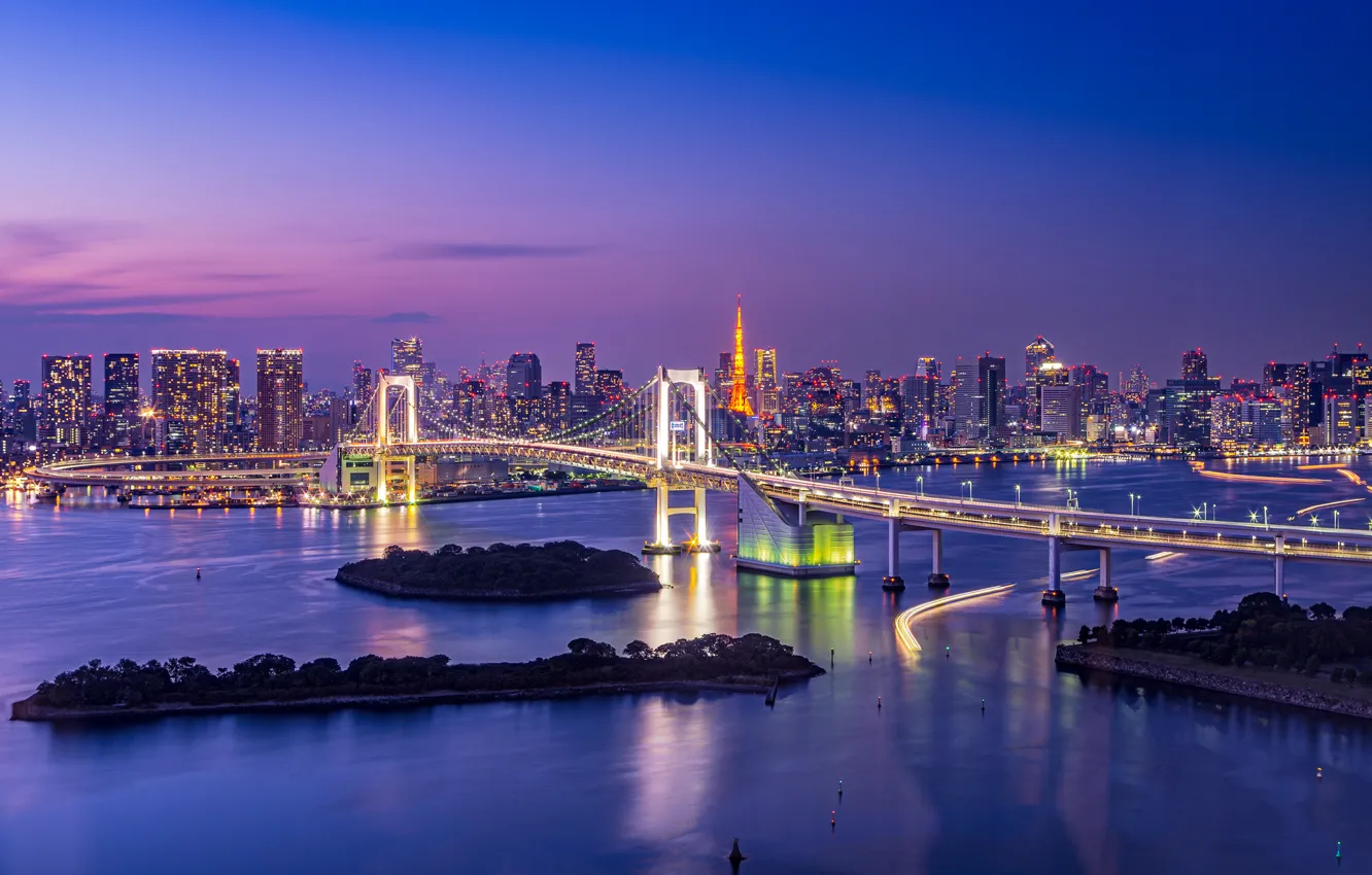 Photo wallpaper Tokyo tower, Rainbow bridge, Japan, Bay, lights, Tokyo, the sky, island