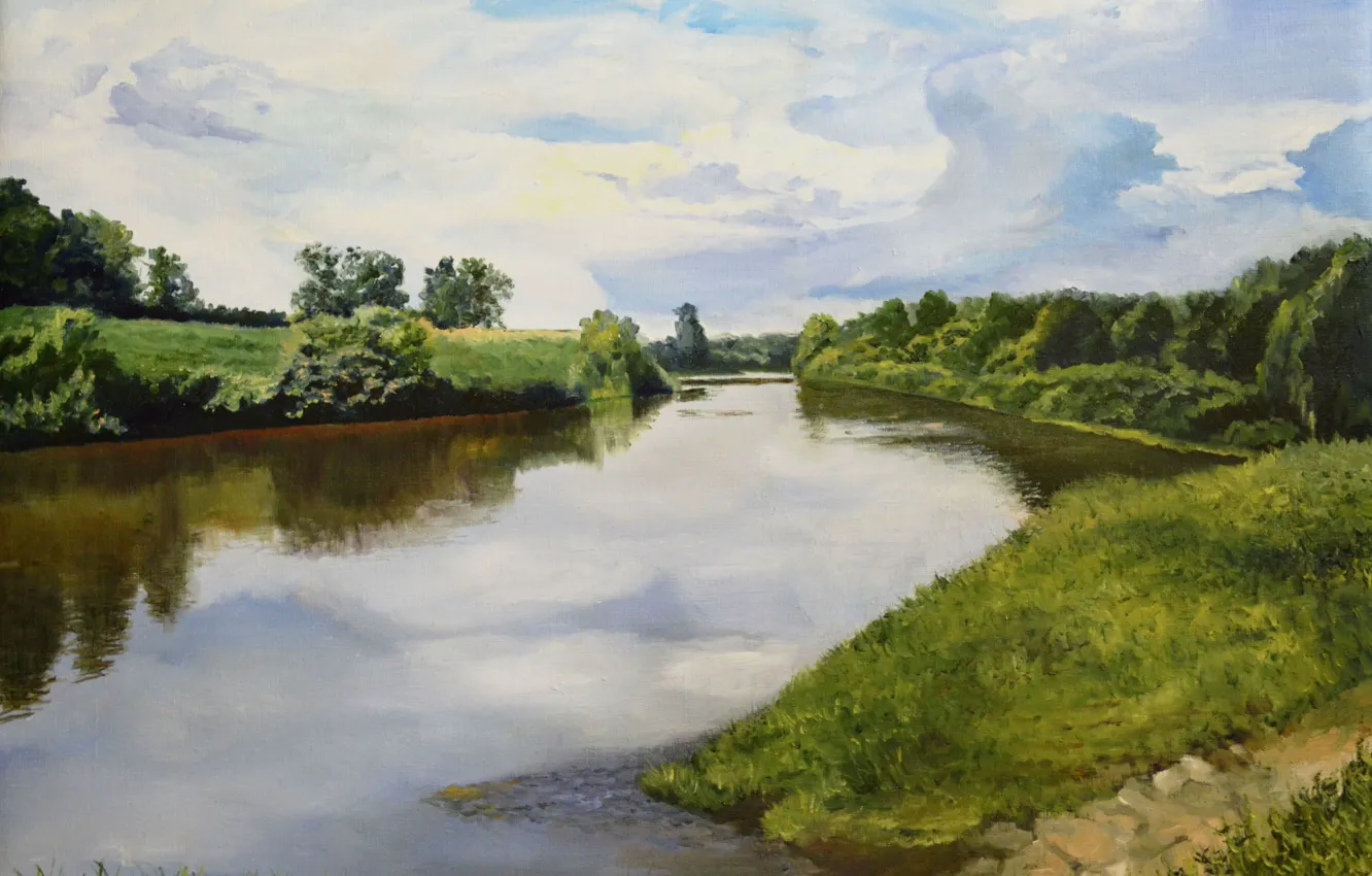 Photo wallpaper forest, the sky, water, landscape, nature, shore, picture, painting