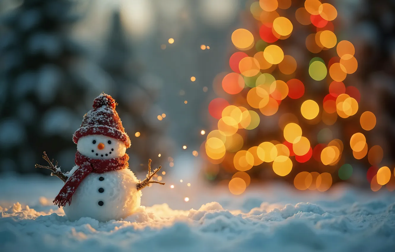 Photo wallpaper winter, snow, new year, Christmas, snowman, Christmas, winter, snow