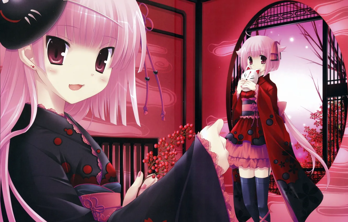 Photo wallpaper look, girl, room, anime, mask, yukata, bow