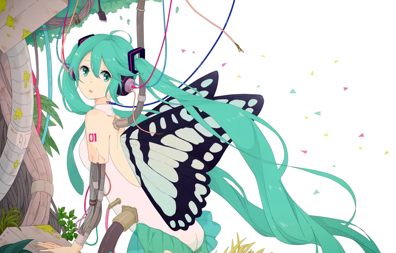 Photo wallpaper leaves, girl, wire, robot, wings, headphones, art, vocaloid