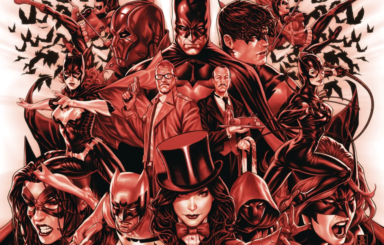 Photo wallpaper red, Batman, Robin, Catwoman, Batgirl, Zatanna, Detective Comics