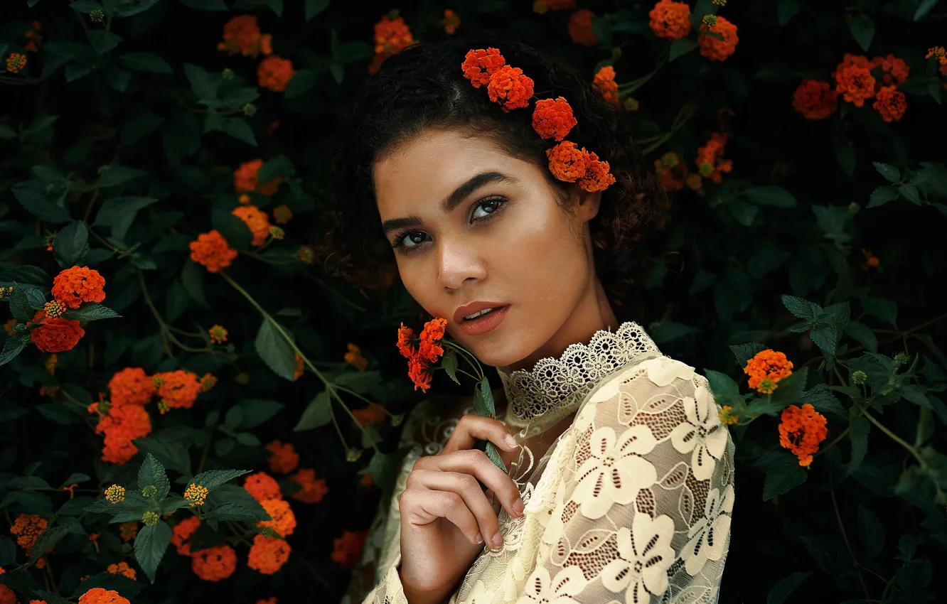 Photo wallpaper look, girl, flowers, face, portrait, lace, Lantana, Adriana Leticia Barbosa