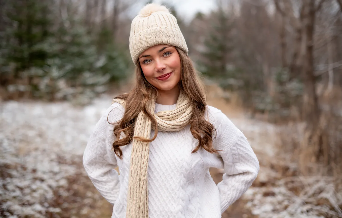 Photo wallpaper look, girl, smile, scarf, cutie, cap, sweater, Janaya