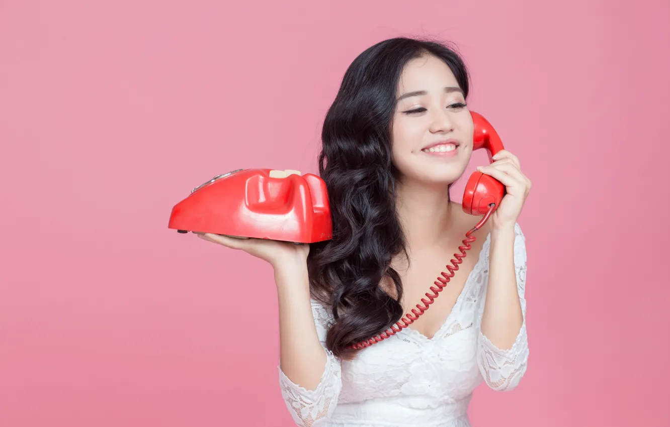 Photo wallpaper girl, smile, phone