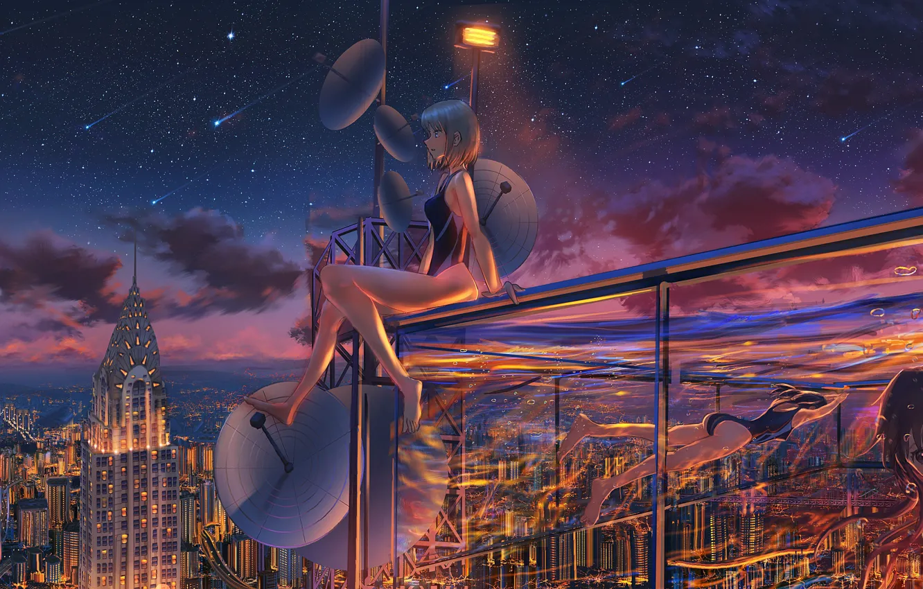 Photo wallpaper swimsuit, girl, night, the city, Starfall