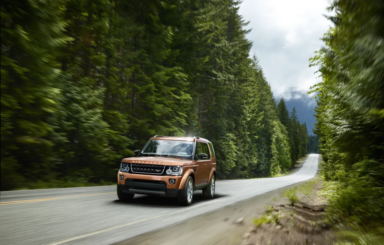 Photo wallpaper road, forest, movement, speed, track, Land Rover, Discovery, 2015