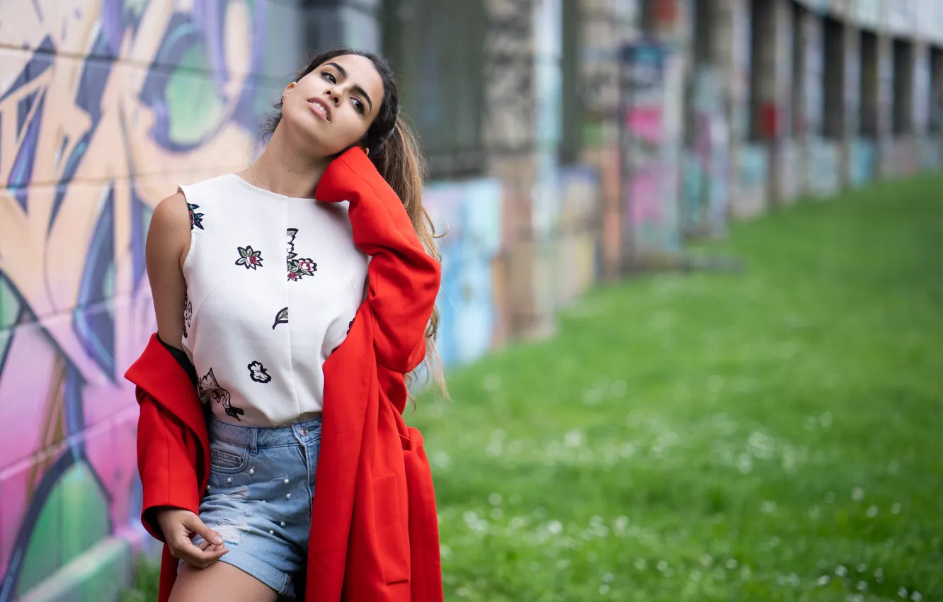 Photo wallpaper girl, pose, graffiti, shorts, cloak, Martin Ecker, Carmen Verona