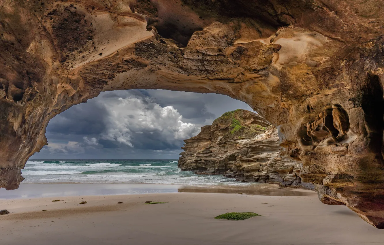 Photo wallpaper sea, rocks, shore, cave
