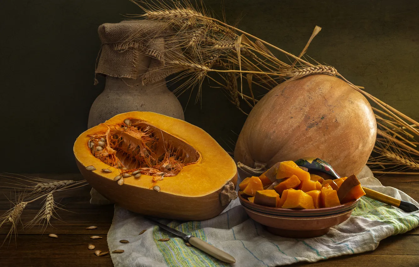 Photo wallpaper table, Board, rye, towel, spoon, knife, pumpkin, ears
