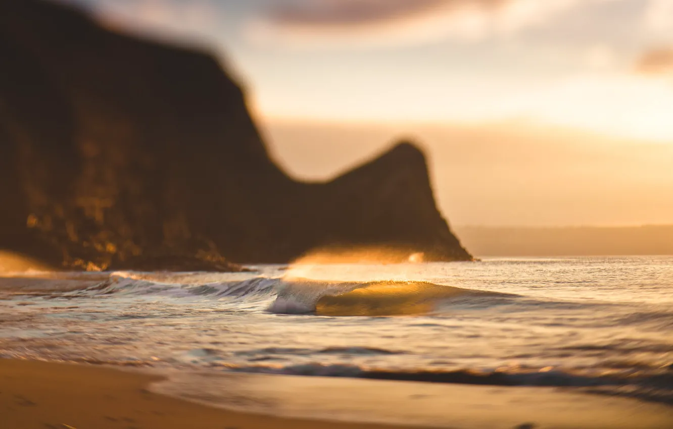 Photo wallpaper wave, beach, sunset, rocks
