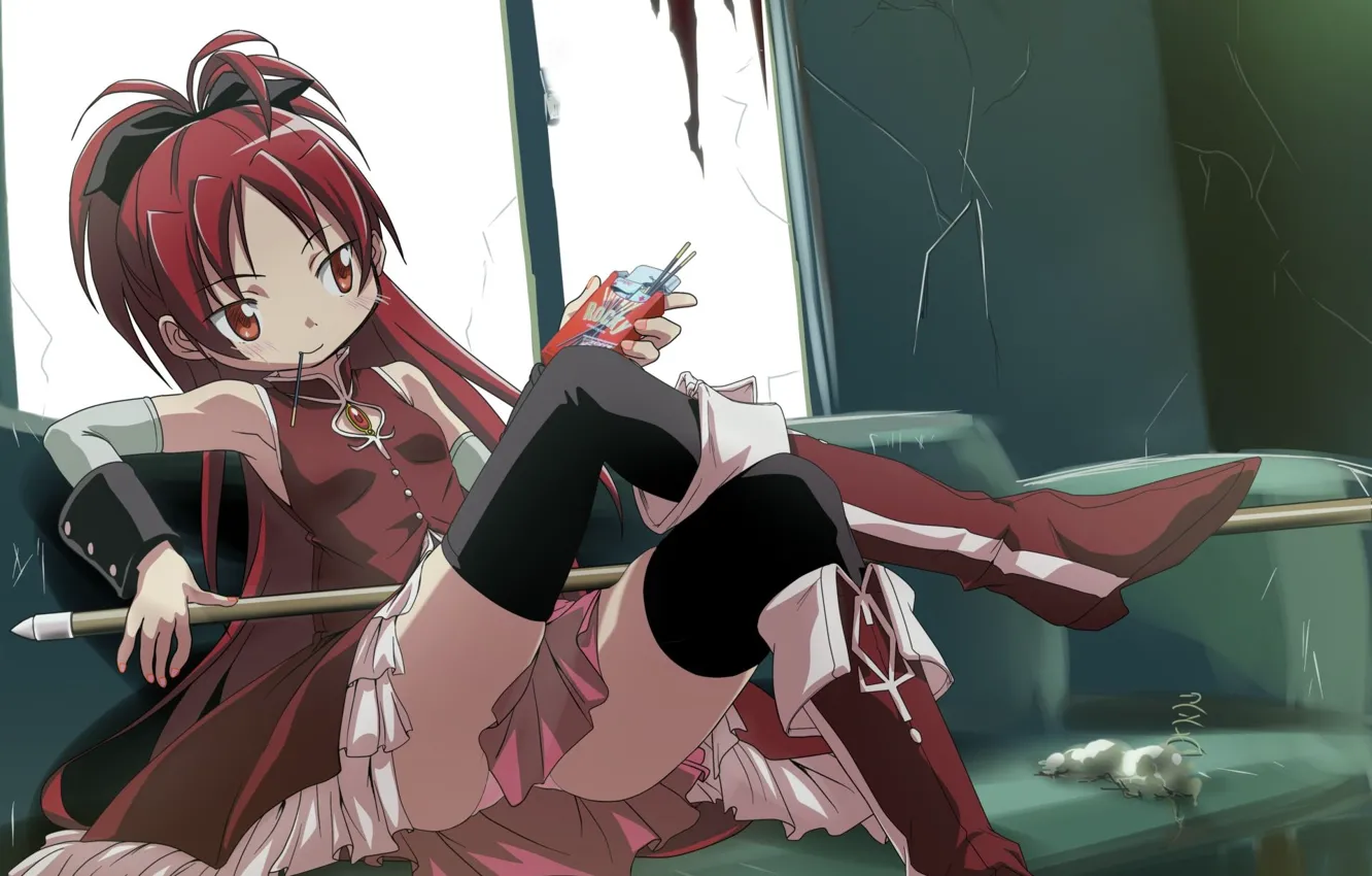 Photo wallpaper anime, window, legs, on the couch, Anime girl, Kyoko Sakura, Puella Magi Madoka Magica, Kyoko …